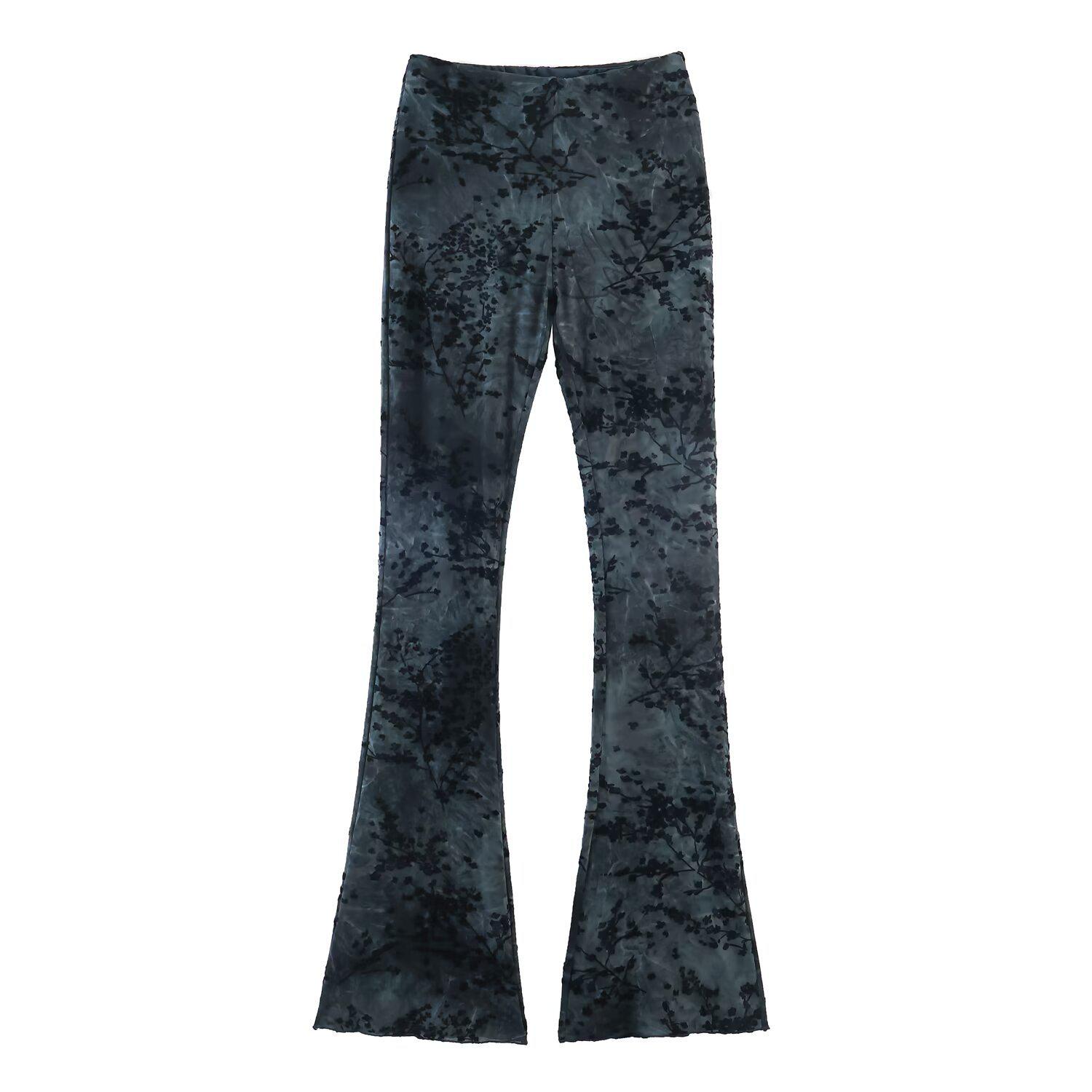 European & American Style Flocked Silk Mesh Halter Neck Top and Flare Pants - Spring Collection Large