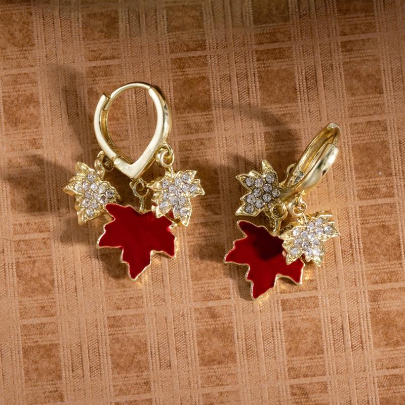 Vintage Red Color Maple Leaf Inlay Zirconl Metal Earrings For Women  Personalization Jewelry Gift
