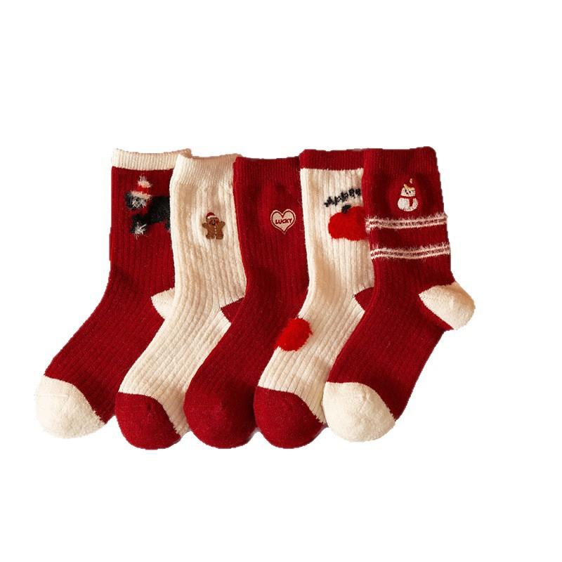 Kaschmirsocken, Cartoon-bestickte Mid-Calf-Socken, Dicke und warme Woll-Weihnachtssocken in Rot für Herbst und Winter
