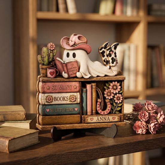Oggetti di Scena Fotografici Stagionali Autunnali, Statuetta Fantasma Lettore di Halloween, Statua in Legno Retrò, Ornamento Decorativo Vintage per Scrivania e Libreria con Libri Impilati per