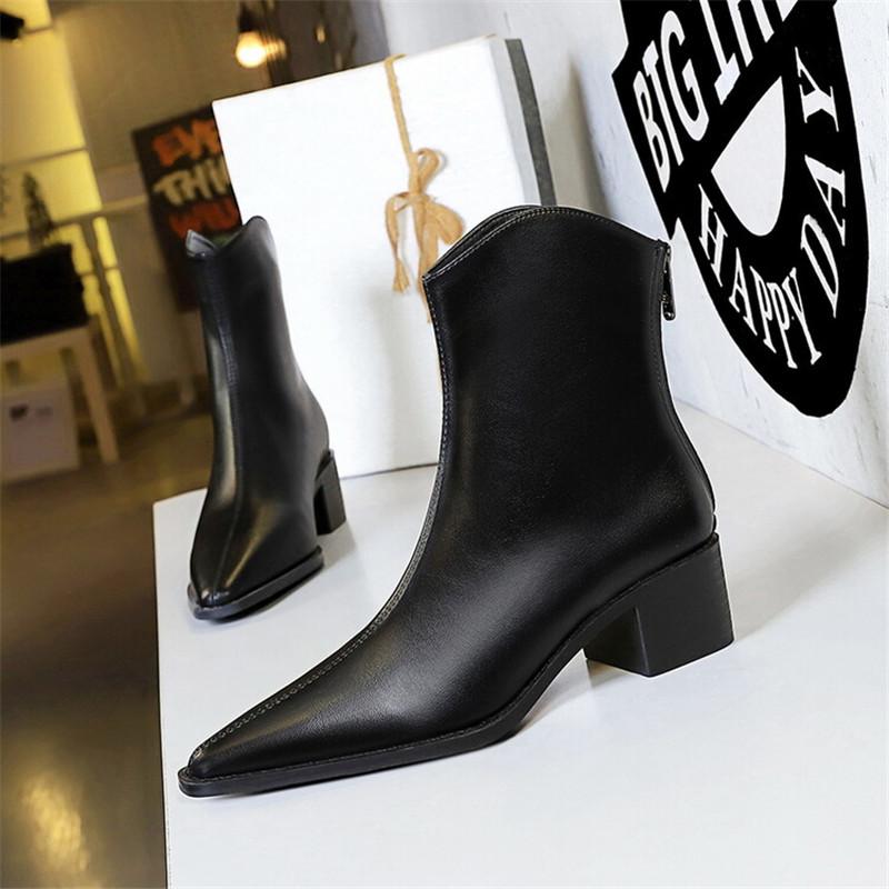 Fashion New Autumn Winter PU Leather Women Boots Fashion Pointed Toe Chelsea Boots for Women Black Short Boots Chunky Heel Botines Mujer