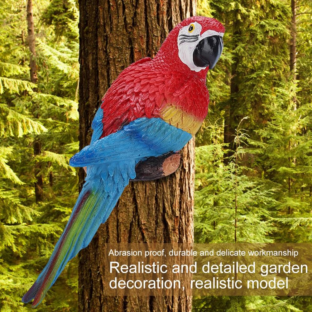 Resin Lifelike Bird Ornament Figurine Parrot Model Toy Garden Sculpture Wall Decor (Red Left)