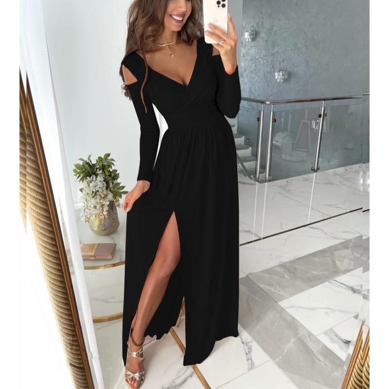 New Long Sleeved Off Shoulder V-neck Party Dress Spring Autumn Solid Color Hem Split A-line Loose Long Evening Dresses Casual Female Slim Fit Clothing