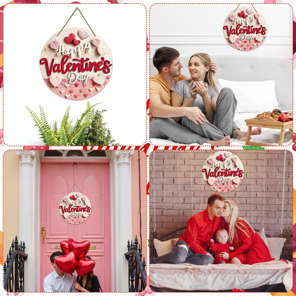 Happy Valentine's Day Welcome Door Sign Valentine's Day Hanging Sign Valentine Wreaths for Front Door Red Pink Love Hearts Door Hanger Indoor Outside