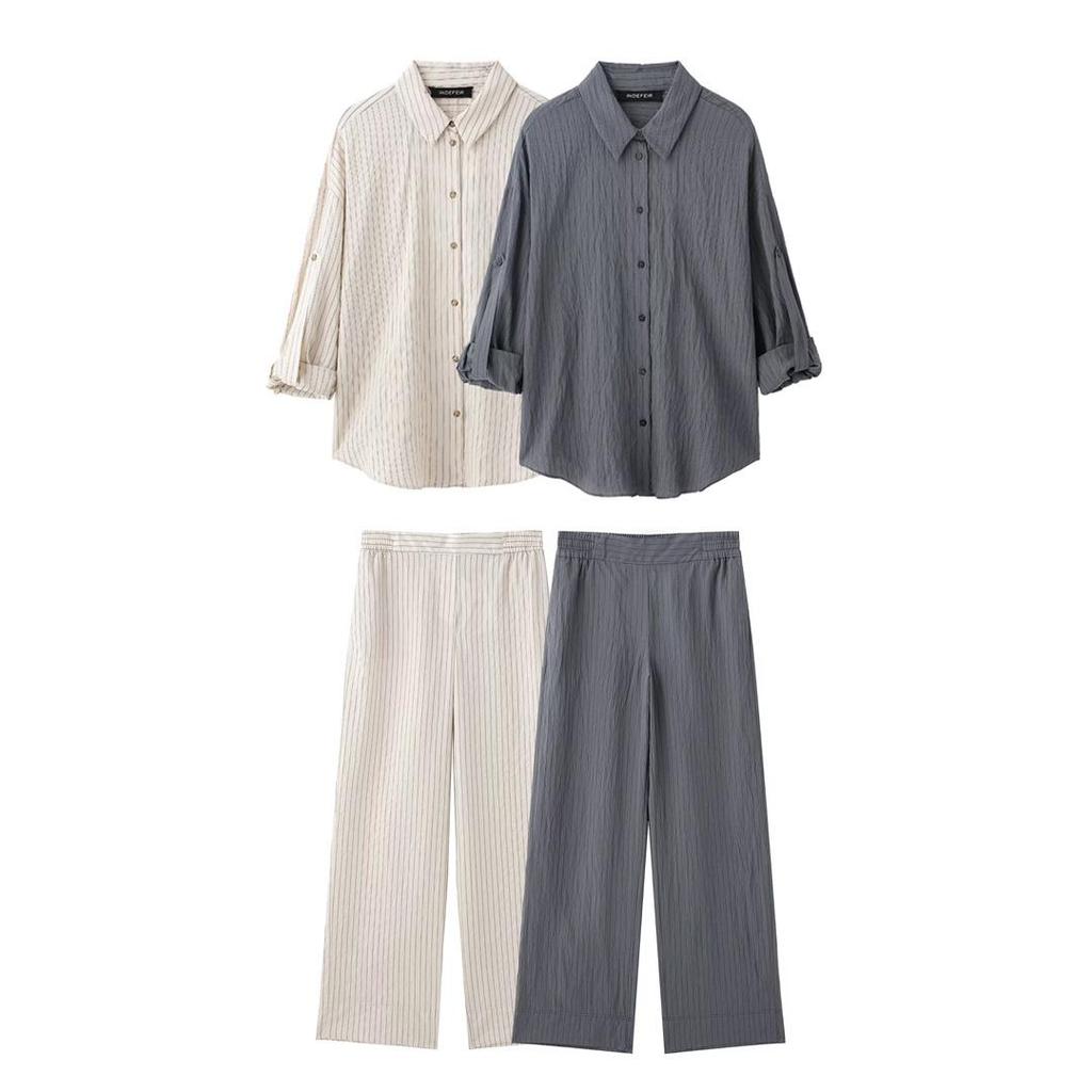 Spring 2025 Women's European & American Style Striped Short Sleeve Shirt with Casual Long Pants