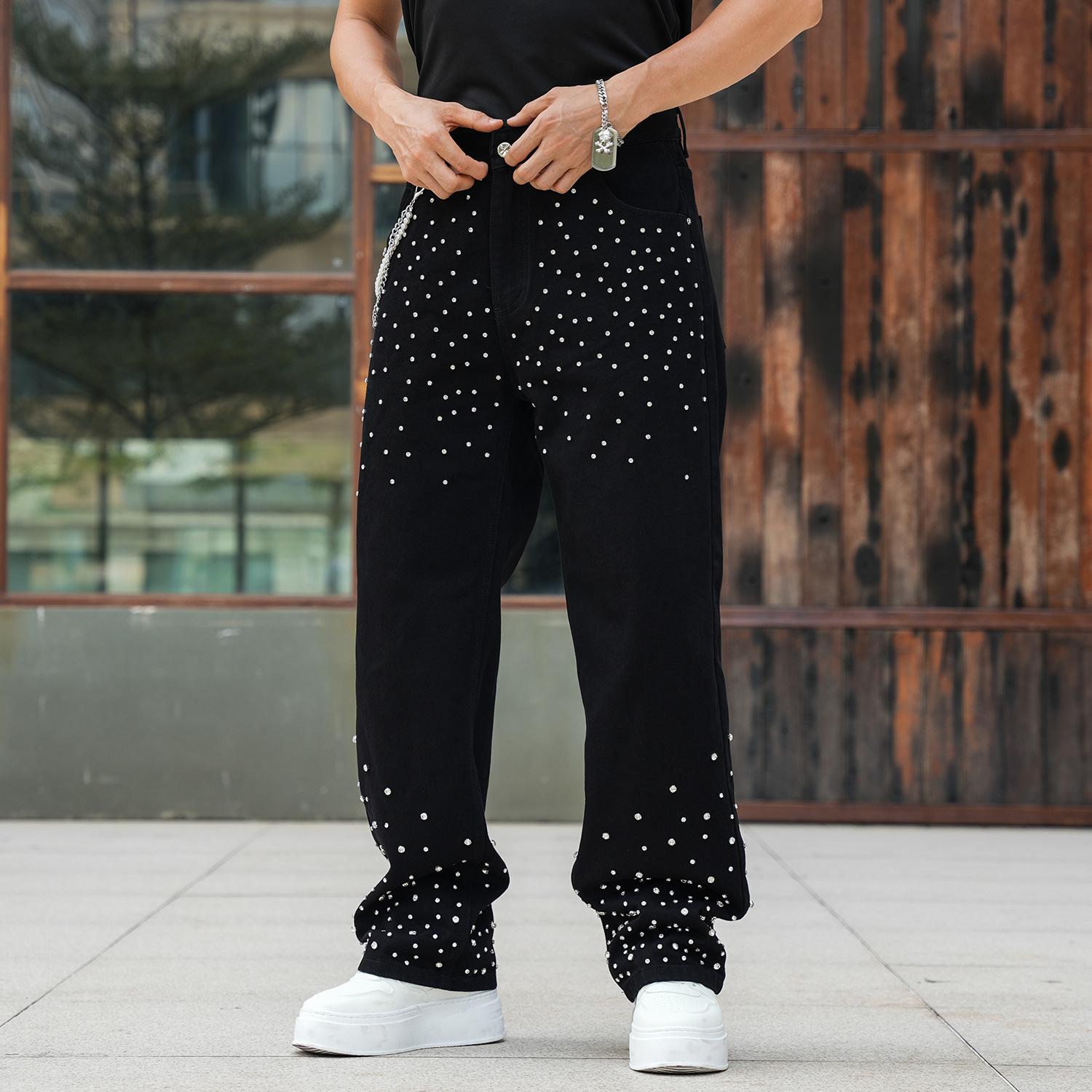 Men`s Rhinestone Studded Wide Leg Jeans