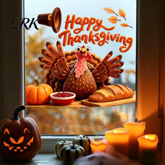 Easy Apply Window Paster Autumn Thanksgiving Turkey Static Sticker, Decorative Removable PVC Decals, Fall Holiday Home Decor Harvest Theme Wall Clings