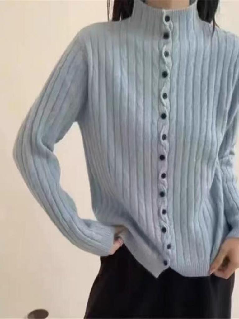 100% Pure Wool Women's High Neck Button-Up Cardigan - Autumn/Winter Sweater Coat