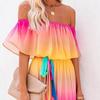 Summer New Rainbow Gradual Change Dress One-Word Collar Dress