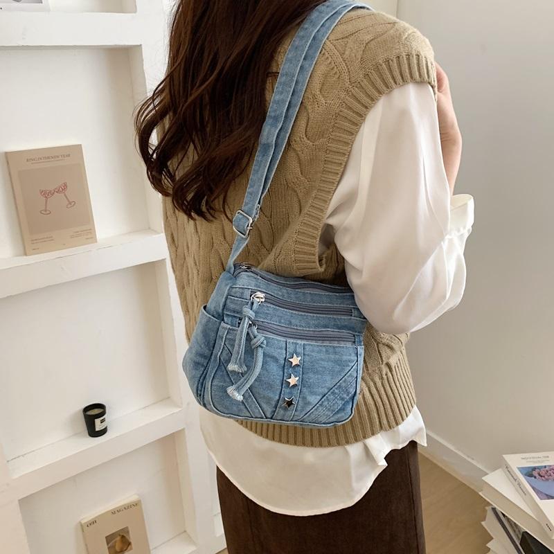 Retro Denim Crossbody Bag Multi Pocket Shoulder Purse with Star Decoration