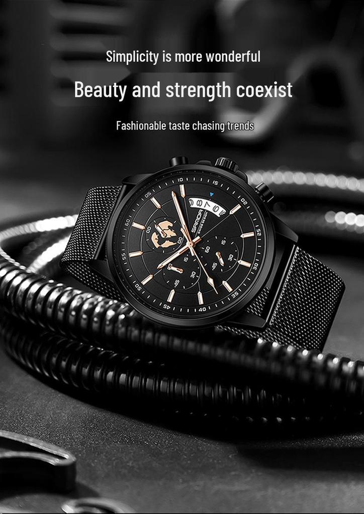 Sanda Men's Luminous Waterproof Quartz Watch with Three Subdials, Six Hands, and Calendar