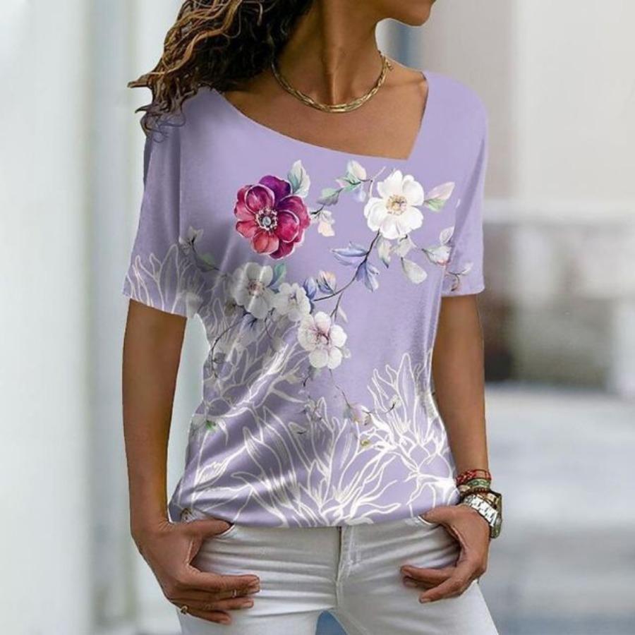 Moda 3D kwiatowy Print t-shirty damskie nieregularny dekolt Tee letnie damskie luźne pary T Shirt z krótkim rękawem topy Casual