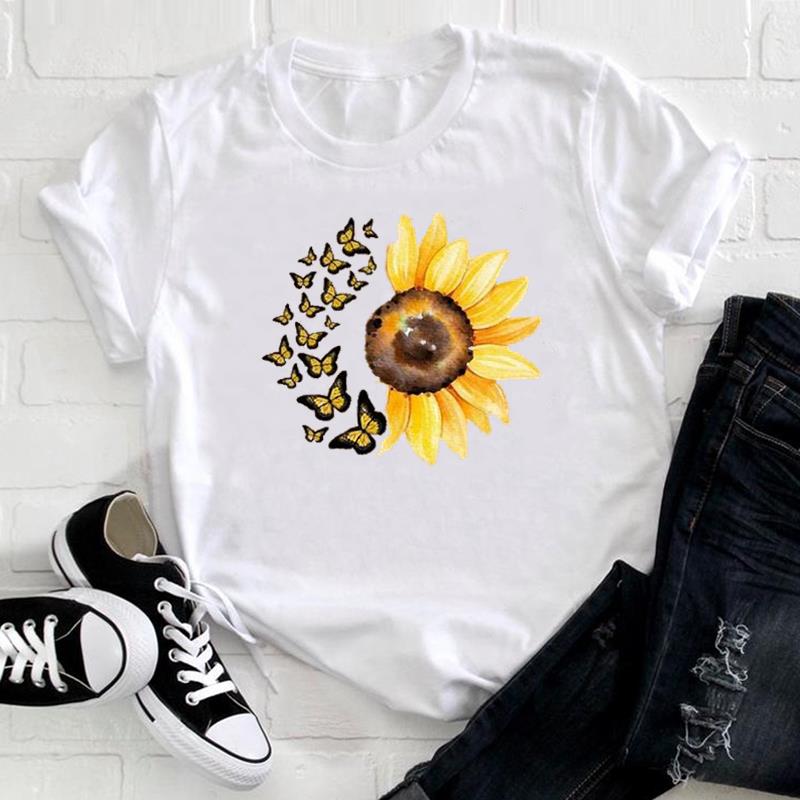 (European Size) 90s Tee Top Fashion Flower Watercolor Lovely T Shirt Clothing Casual Short Sleeve Women Print Lady Female Graphic T-shirt