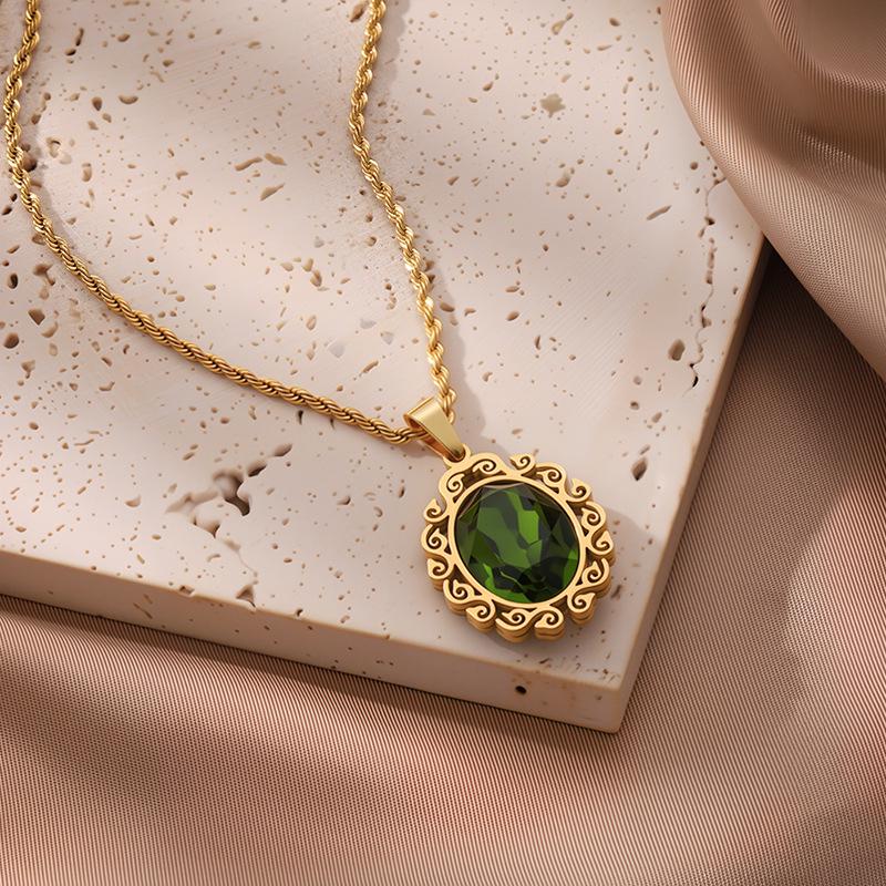 European & American Fashion Exquisite Titanium Steel Necklace with Colorful Zircon & Geometric Pendant for Women