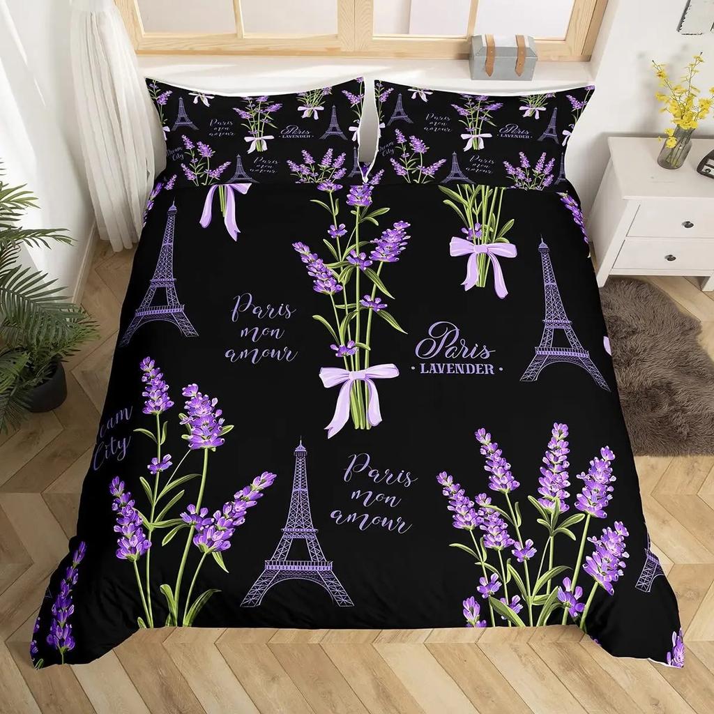 Lavendel King Queen Bettbezug Lila Blume Schmetterling Bettwäscheset Abstrakt Marmor Floral Bettdeckenbezug Polyester Steppdeckenbezug