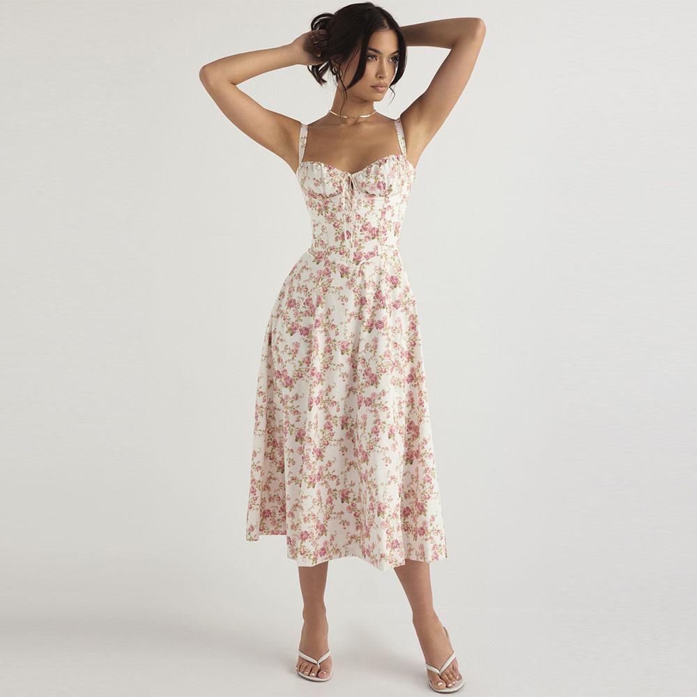 Damen Übergroßes Chiffonkleid mit Print, lang, lässig, Trägerkleider, elegant, Midi, Blumenmuster, Sommerkleid für Damen, Kleidung, Party