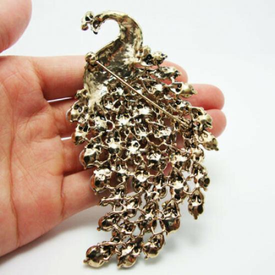 Art Nouveau Peacock Brooch P Vintage Style Green Crystal Rhinestone Pendant