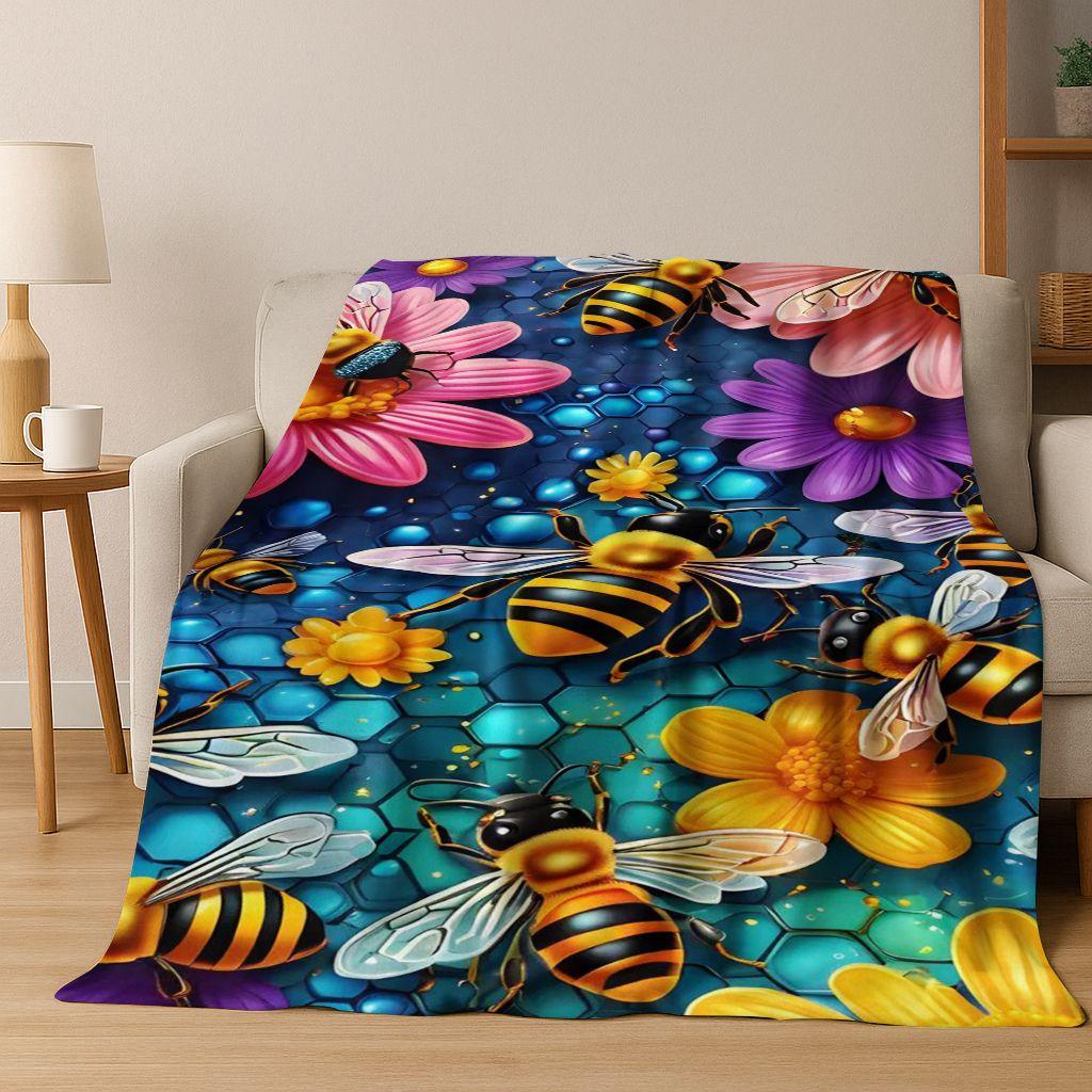 Cute Cartoon Bee HoneyBee Insect Art Flannel Blanket,Cozy Soft Throw Blanket for Home Bedroom Bed Sofa Picnic Cover Gift Kids
