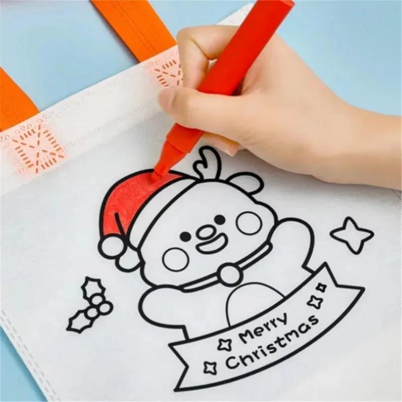 10-40PCS Kids Christmas Diy Painting Tote Bag Cartoon Coloring Reusable Craft Gift Bag Holiday Party Supplies Home Decoration