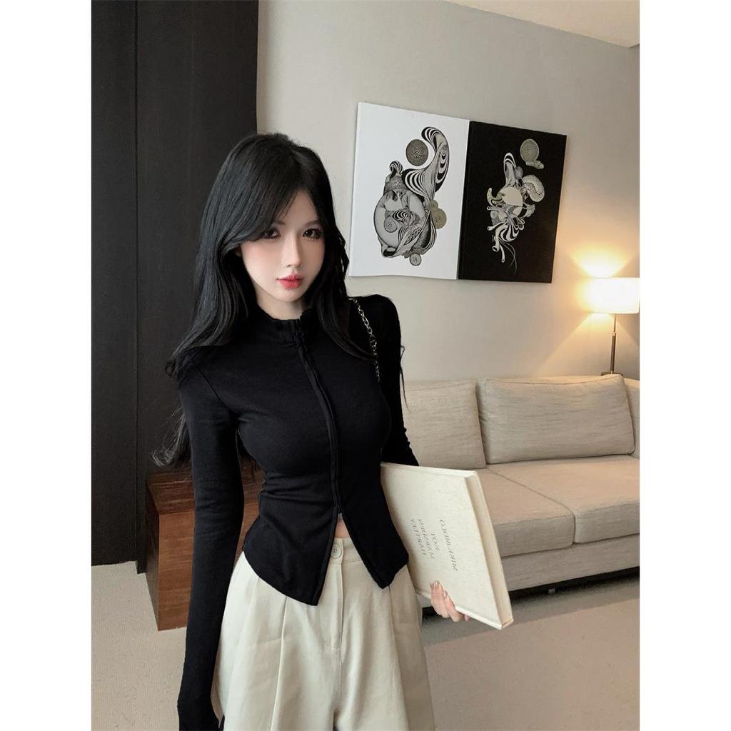 Women's Slim Fit Stand-Up Collar Double Zipper Cardigan Jacket with High Collar and Long Sleeves - Sweet, Cool, Spicy Style