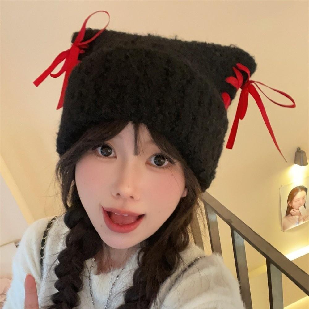 Sweet Bow Ribbon Pullover Hat Windproof Plush Beanie Fashionable Knitted Beanie  for Women Girl