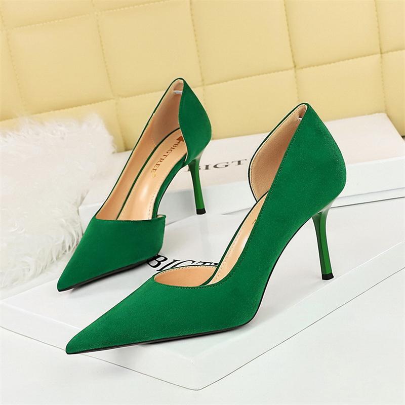 Office Women Suede Pumps Side Hollow High Heel Shoes New Wedding Party Red Green Shallow Mouth Pointed Toe Stiletto