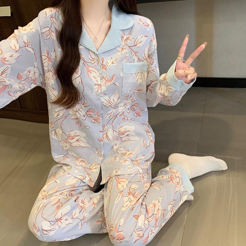 New Chinese Elegant Floral Pajamas Women'S Autumn Cloud Cotton Long-Sleeved High-End Loungewear Two-Piece Set