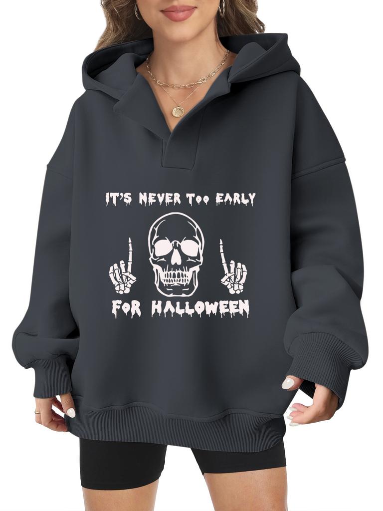 2025 new European and American Halloween women's hooded sweater front and rear pattern winter fleece loose casual