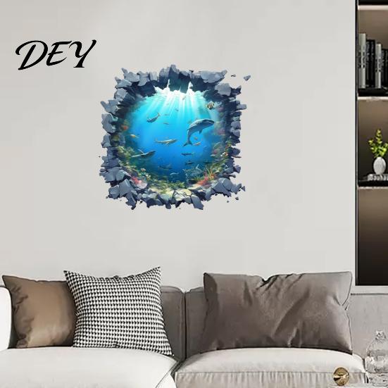 Easy Install Wall Art for Bedroom Underwater Shark Sticker, Realistic 3D Ocean View Decal, Waterproof Decals PVC Mural Living Room Bathroom