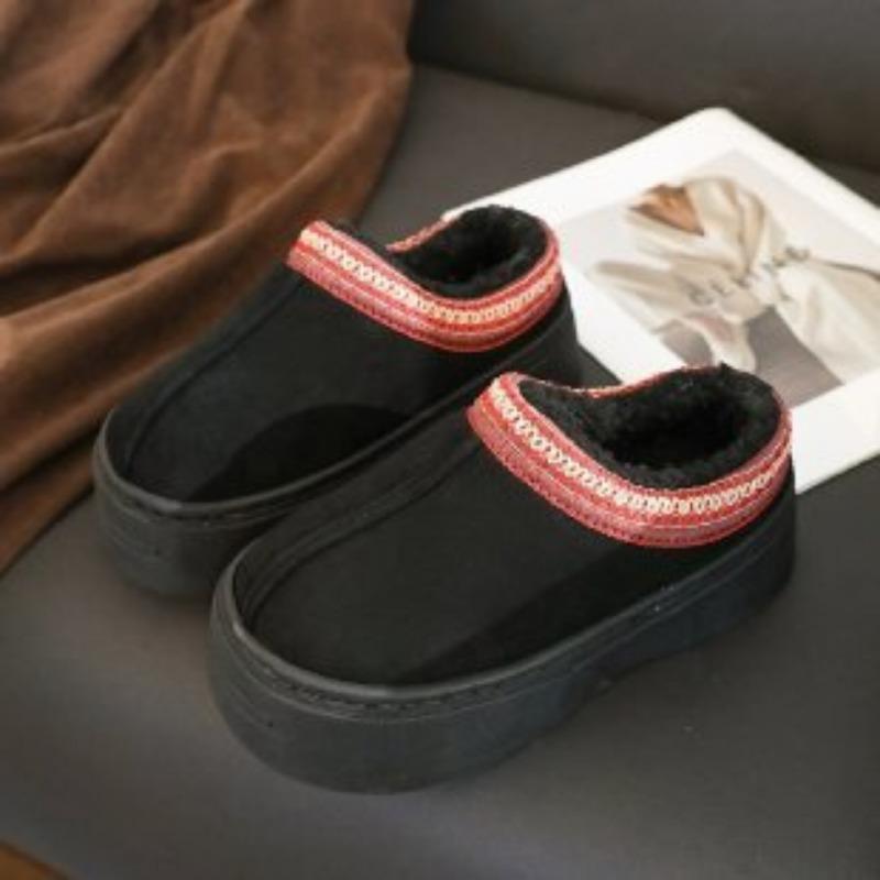 New cotton slippers women's winter embroidery thick-soled velvet warm one-pedal non-slip heightening slippers
