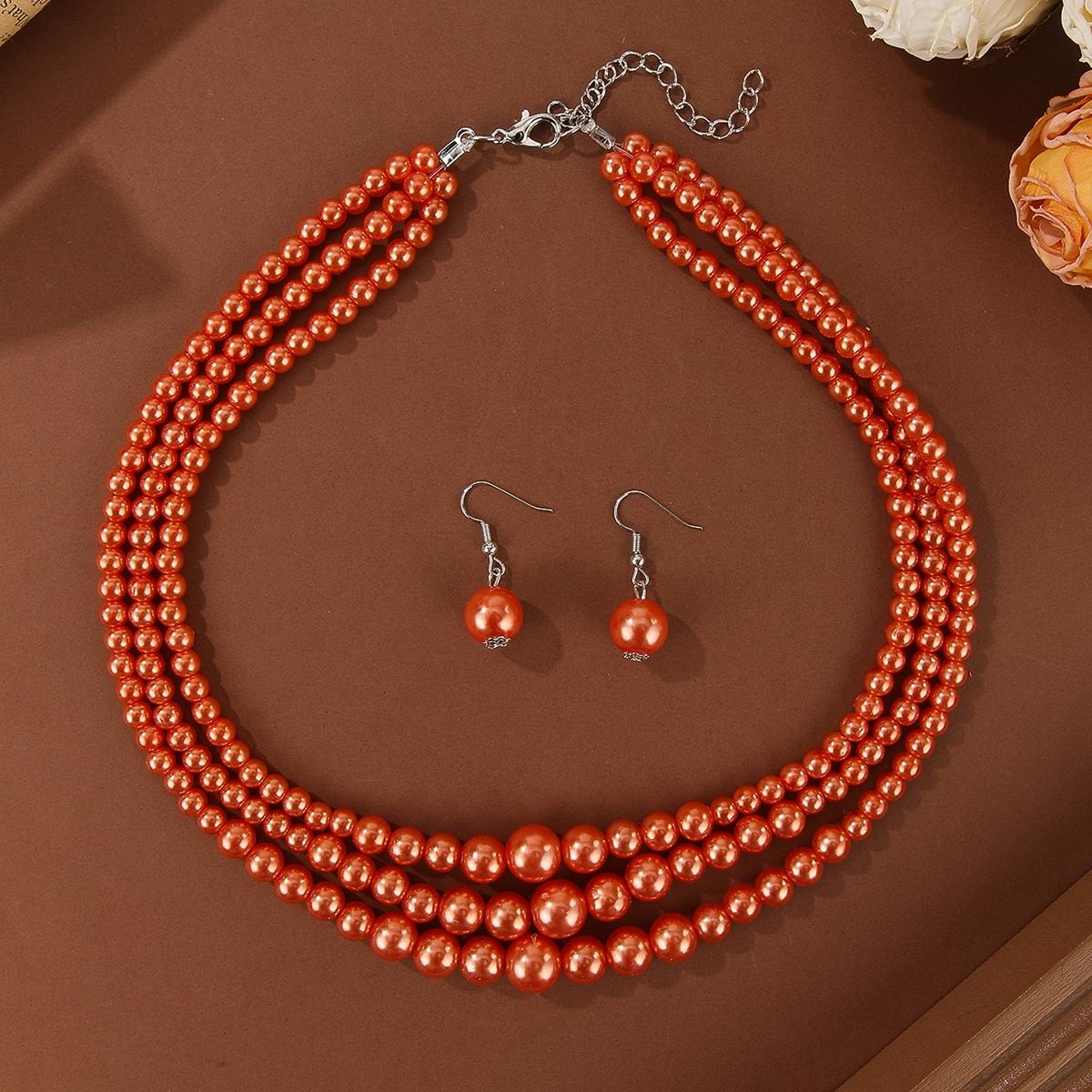 New Arrival Fashion Elegant Multi-layer Imitation Pearl Handmade Beaded Necklace Earring Set Bridal Wedding Jewelry Accessories