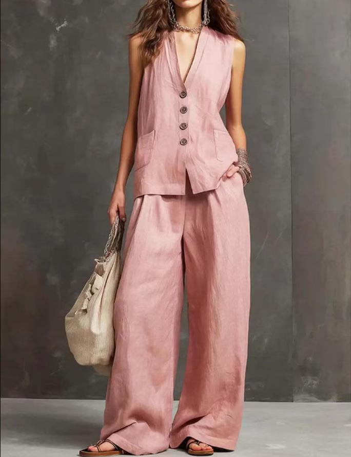 Women Sleeveless V Neck Button Up Vest And Wide Leg Pants Set Casual Loose Fit Linen Blend Two Piece Outfit