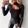 Elegante Camiseta Irregular de Manga Larga con Patchwork de Encaje de Primavera