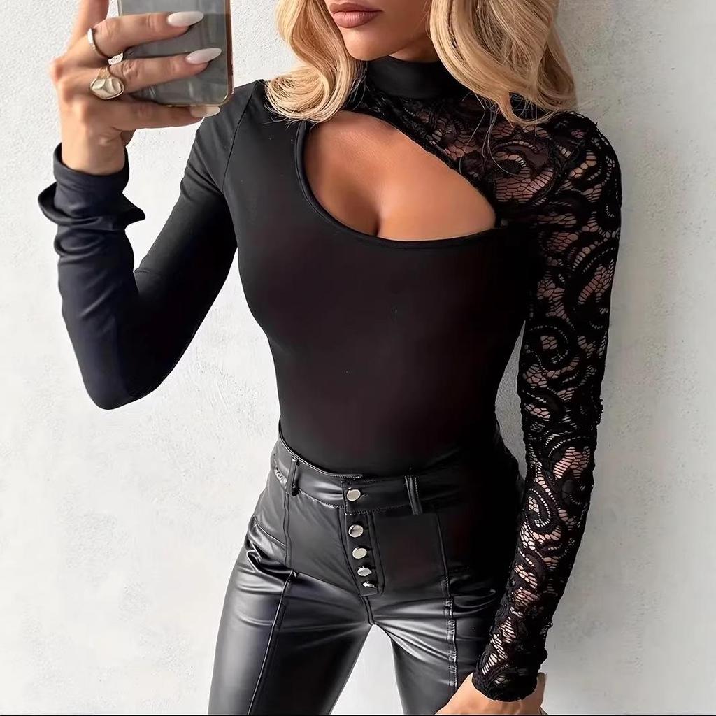 Elegante Camiseta Irregular de Manga Larga con Patchwork de Encaje de Primavera