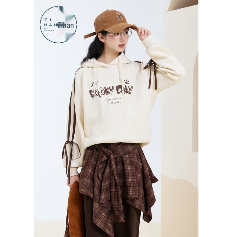 ZIHAN Women's Winter Hooded Letter Print Color-Block Sweatshirt