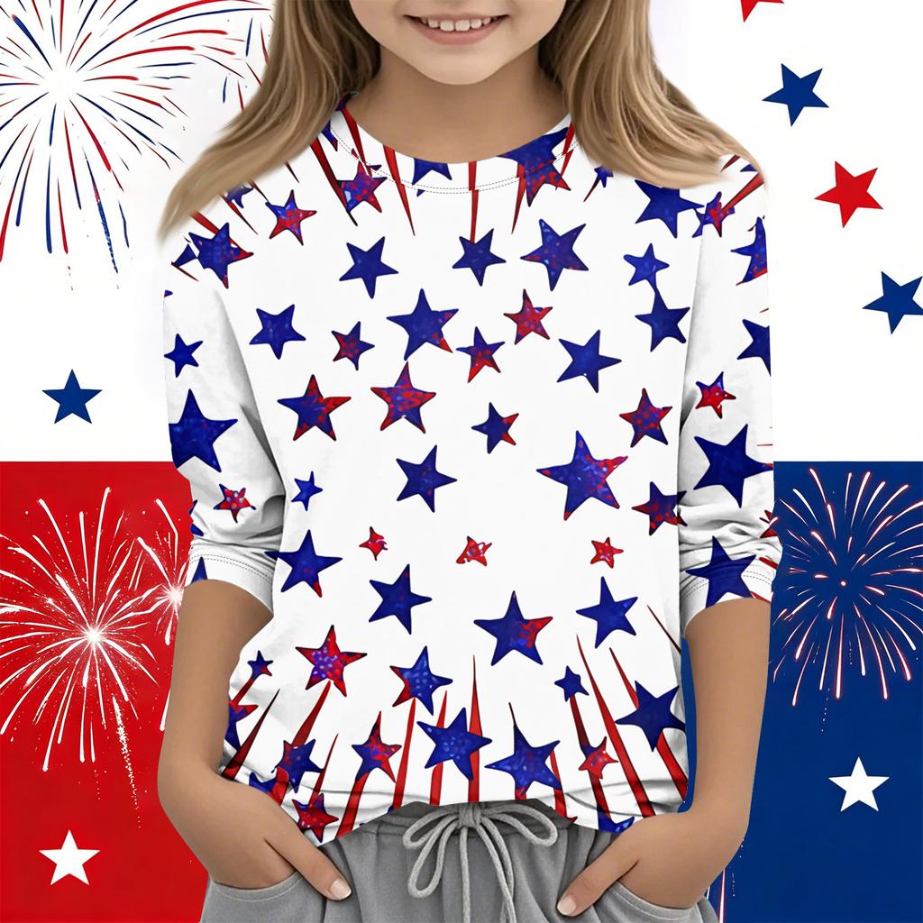 Print-Oberteile für junge Mädchen Rundhals 3/4-Ärmel T-Shirts Trendige Oberteile Outfit-T-Shirts Unabhängigkeitstag