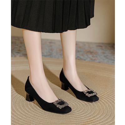 Coarse Heel Single Shoes Women's 2025 New Spring and Autumn Black Temperament Middle Heel Shoes Rhinestone Square Buckle French Square Head High Heels