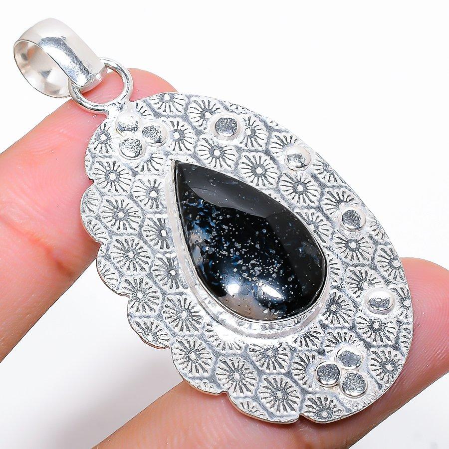 Honey Dendritic Gemstone Handmade 925 Sterling Silver Jewelry Pendant 2.40"