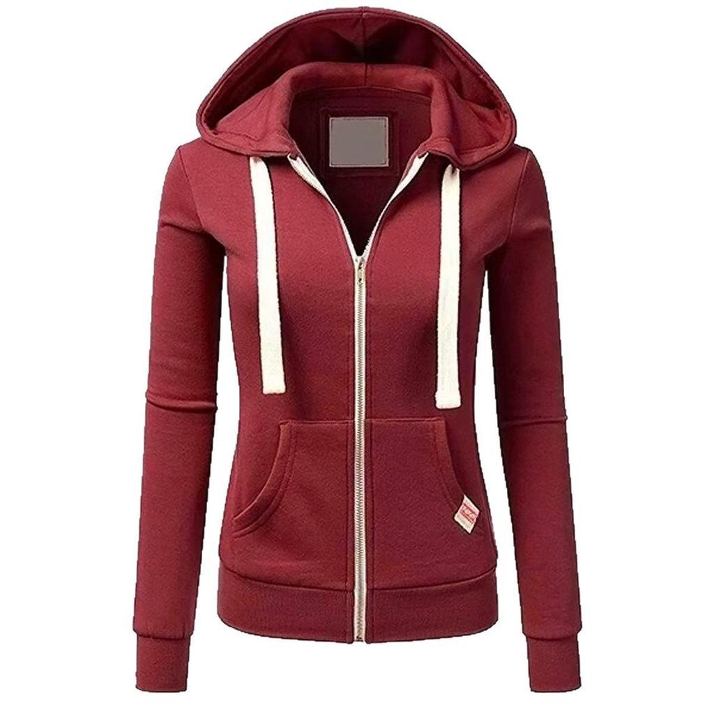 Women's Cross-Border Sports Hoodie Cardigan - Solid Color Hooded Jacket