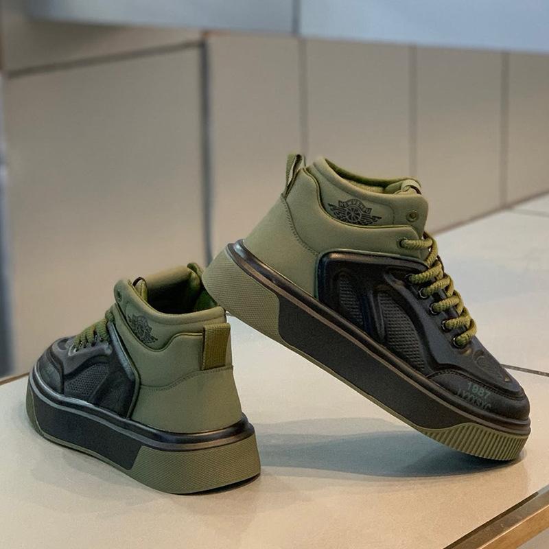 Winter new thick-soled high-top board shoes single cotton leather perforated casual shoes ok