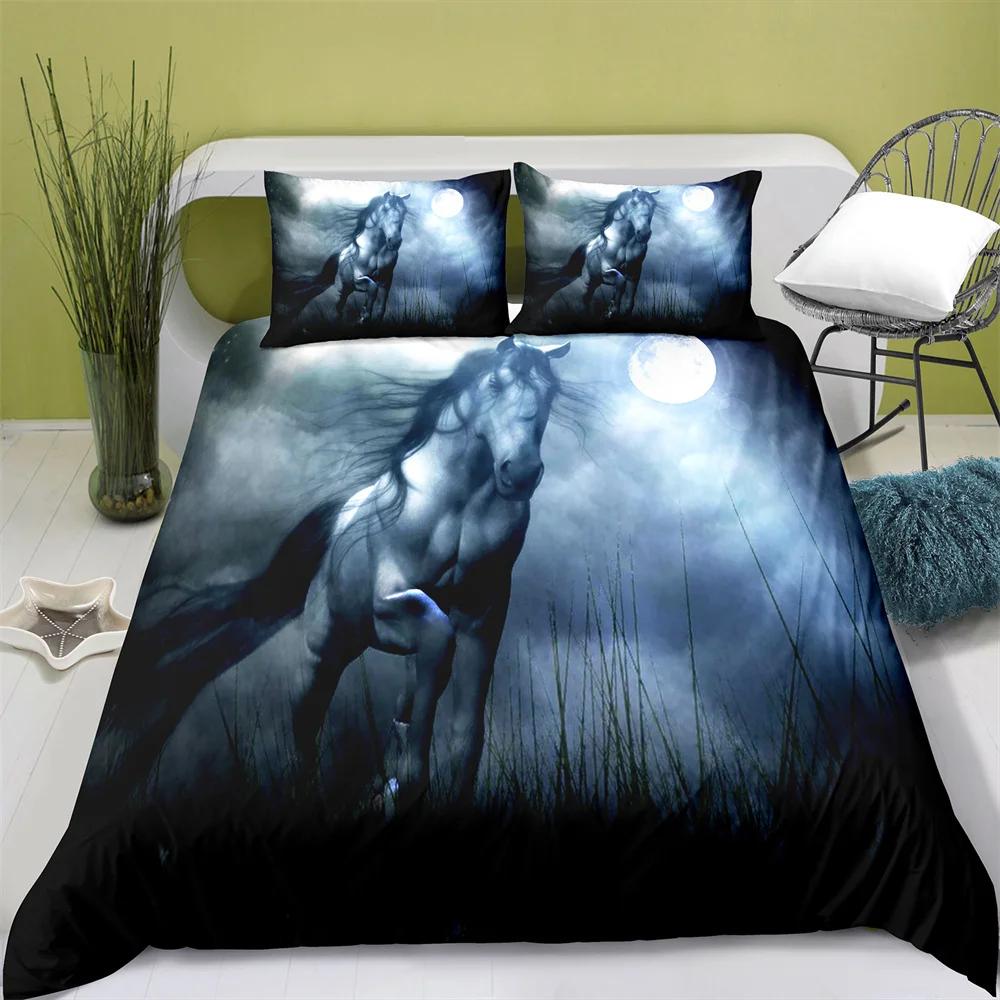 3D Pferd Bettbezug Full,Pferd Schwarzweiß Bettwäscheset für Jungen Mädchen Teenager Pferde Tiere Laufen im Schnee Bettdeckenbezug Set