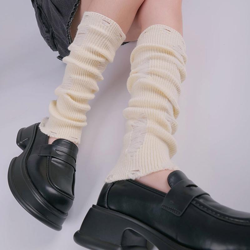 Japanese Punk Leg Warmers Women Solid Color Ribbed Knit Long Socks Y2K Distressed Ripped Boot Cuffs Leg Cover Streetwear