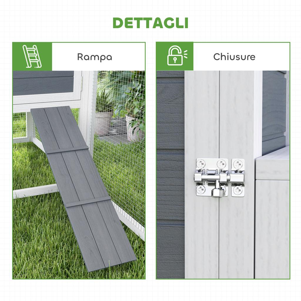 Fir Wood Chicken Coop with House, Nesting Box and Outdoor Area, 214x101x91.5 cm, Grey