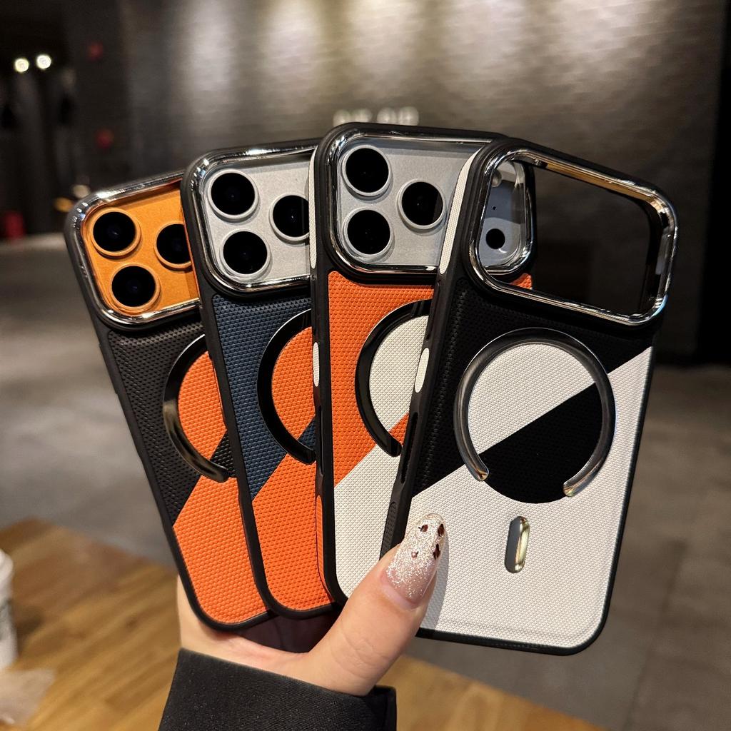 For Magsafe Plating Lens Protection Phone Case for IPhone 17 Pro 16 15 14 13 12 Pro Max Color Collision Leather Magnetic Cover