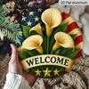 2D Flat 1pc, 8x8 in, Patriotic Welcome Sign - Round Aluminum Metal Wall Decor with American Flag & Calla Lilies, Garage, Cafe, Yard, Door - Perfect