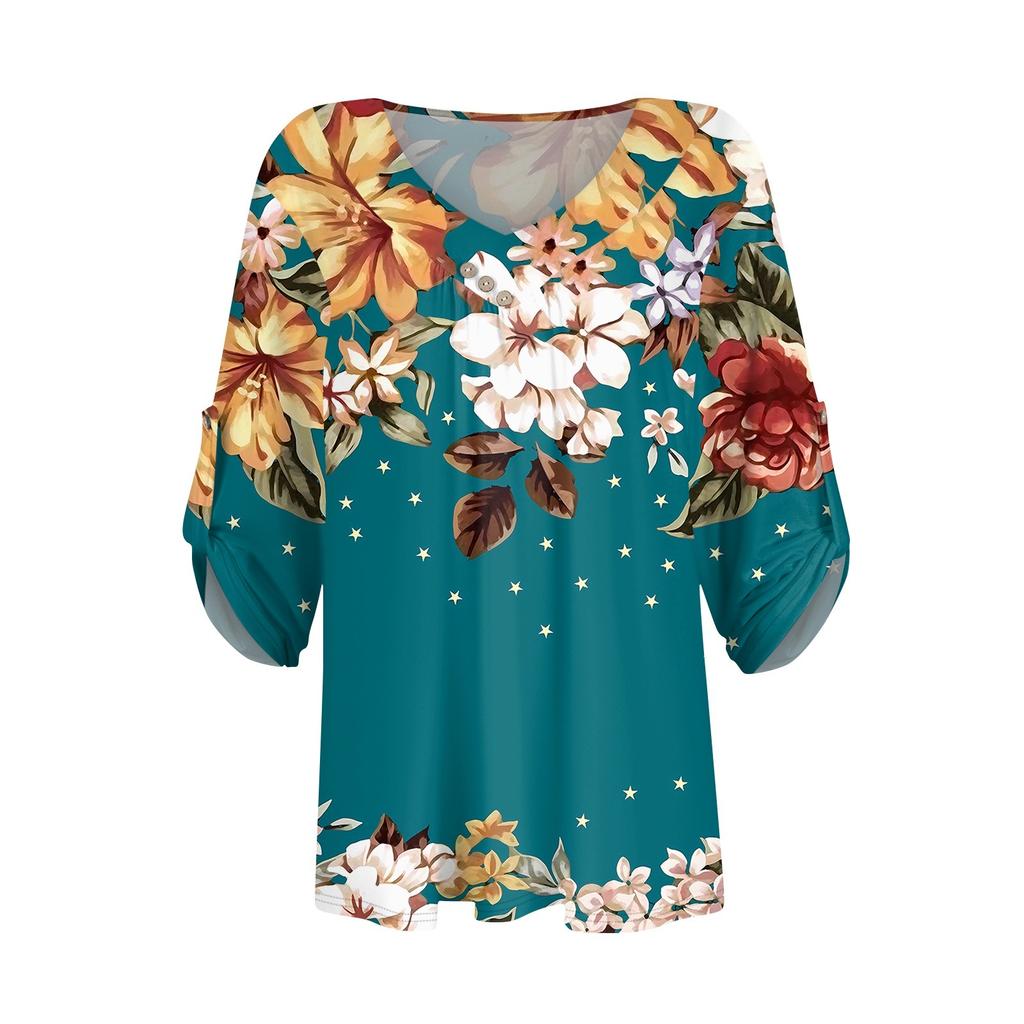 Shirts For Women Trendy V Neck Button T Shirts Casual Printed Summer Tees T Shirt Blouse Three Quarter Sleeve Tops For Women