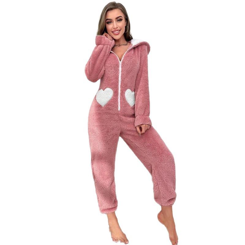 Color Block Bunny Ear Hooded Jumpsuit - Women's Coral Fleece Pajamas for Autumn and Winter