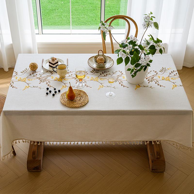 Rectangle Embroidered Tassel Tablecloth American Waterproof Floral Dining Table Cloth Home Decor Tea Table Dustproof Table Towel