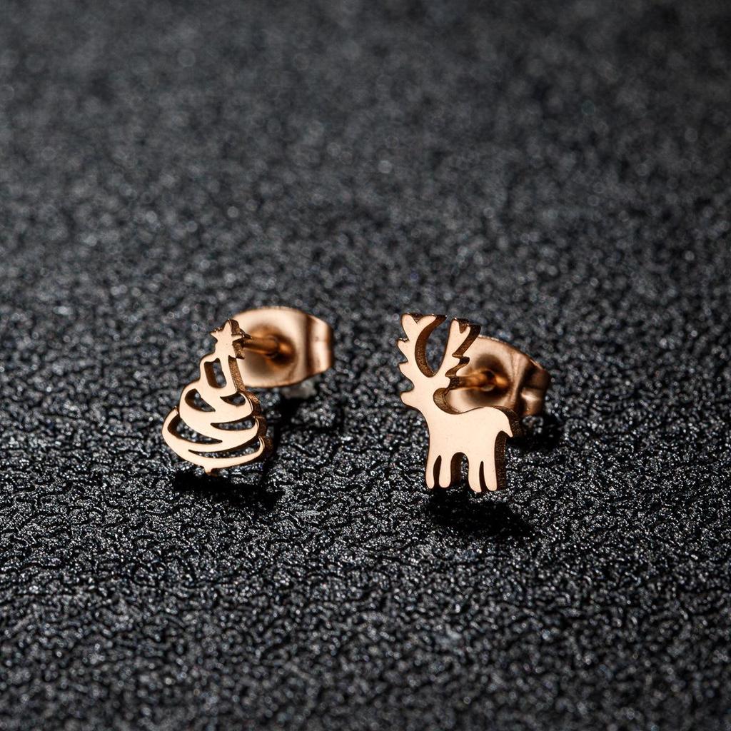 Elegant Asymmetric Reindeer Snowflake Earrings - Stainless Steel Christmas Studs for Women