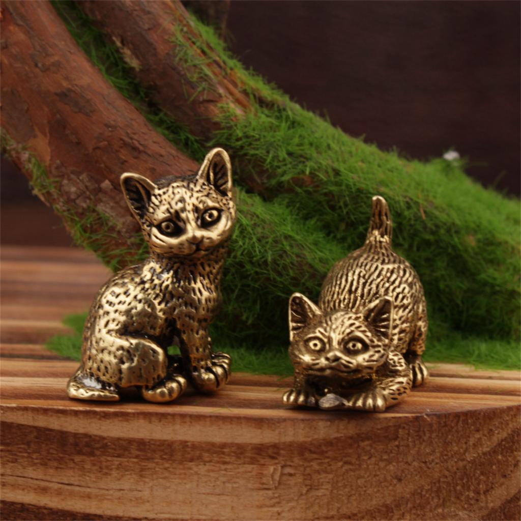 Classical Vintage Brass Miniature Cats Figurine Artistic Antique Tabletop Decors Home Accent Gift For Pet Lover